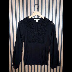 August Silk Top Small Black Stretch Fabric Ruffled Textured Trim Sheer Sleeves